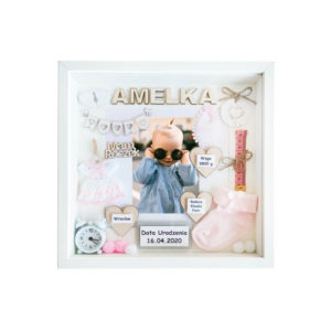metryczka 3d na roczek dziewczynki w ramce ze zdjęciem amelka