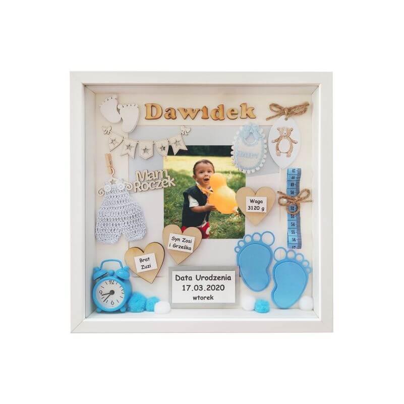 metryczka na prezent na roczek chłopca ze zdjęciem w ramce 3d dawidek