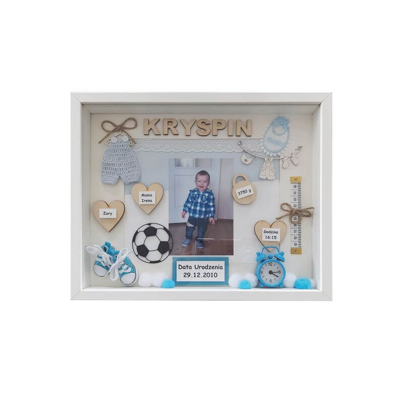 metryczka 3d na prezent z okazji urodzin chłopca ze zdjęciem w ramce kryspin