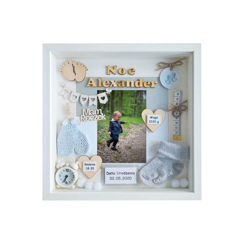 metryczka na roczek w ramce 3d ze zdjęciem noe