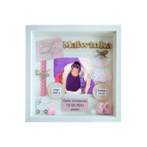 metryczka chrztu świętego dziewczynki ze zdjęciem w ramce 3d malwinka