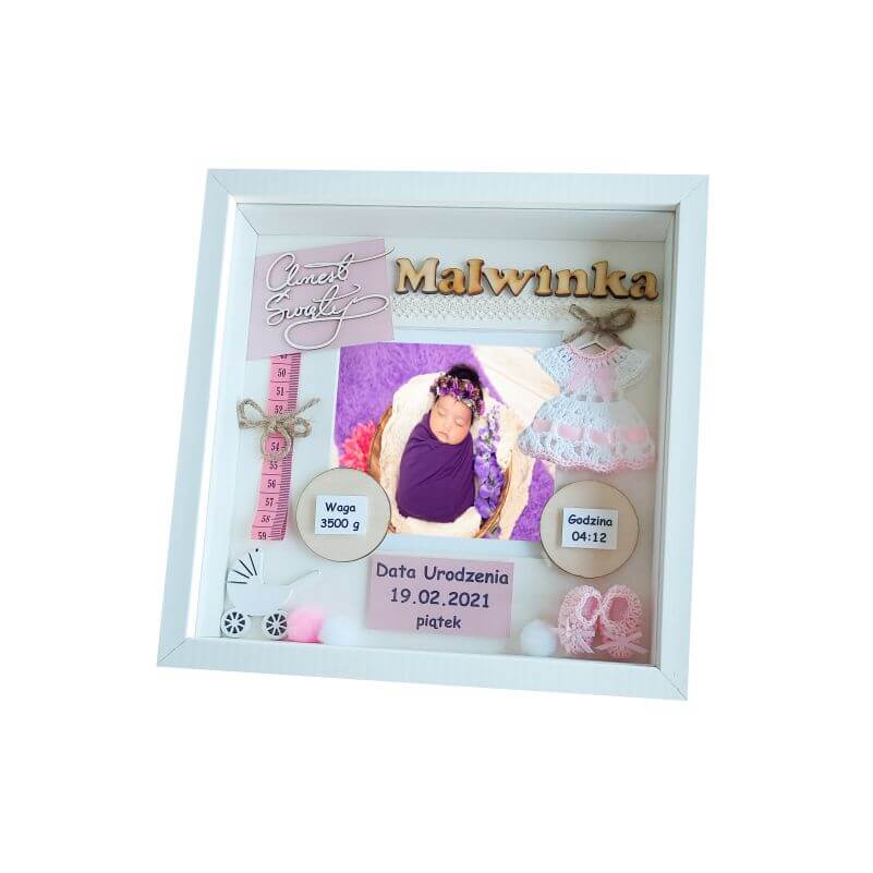 metryczka chrztu świętego dziewczynki ze zdjęciem w ramce 3d malwinka 3