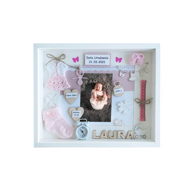 pamiątka z okazji urodzenia dziewczynki w ramce 3d ze zdjęciem laura